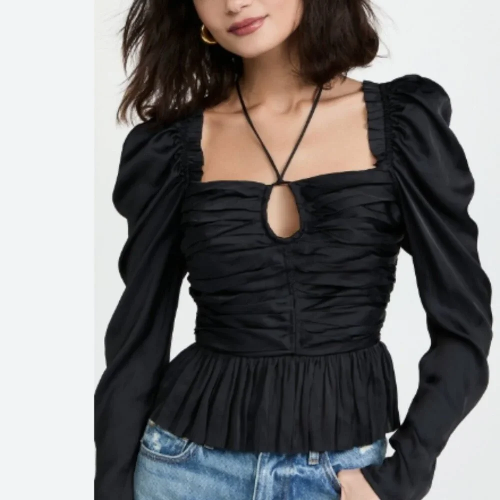 NWOT Ulla Johnson Mirelle Black Ruched Peplum Noir Blouse M $395